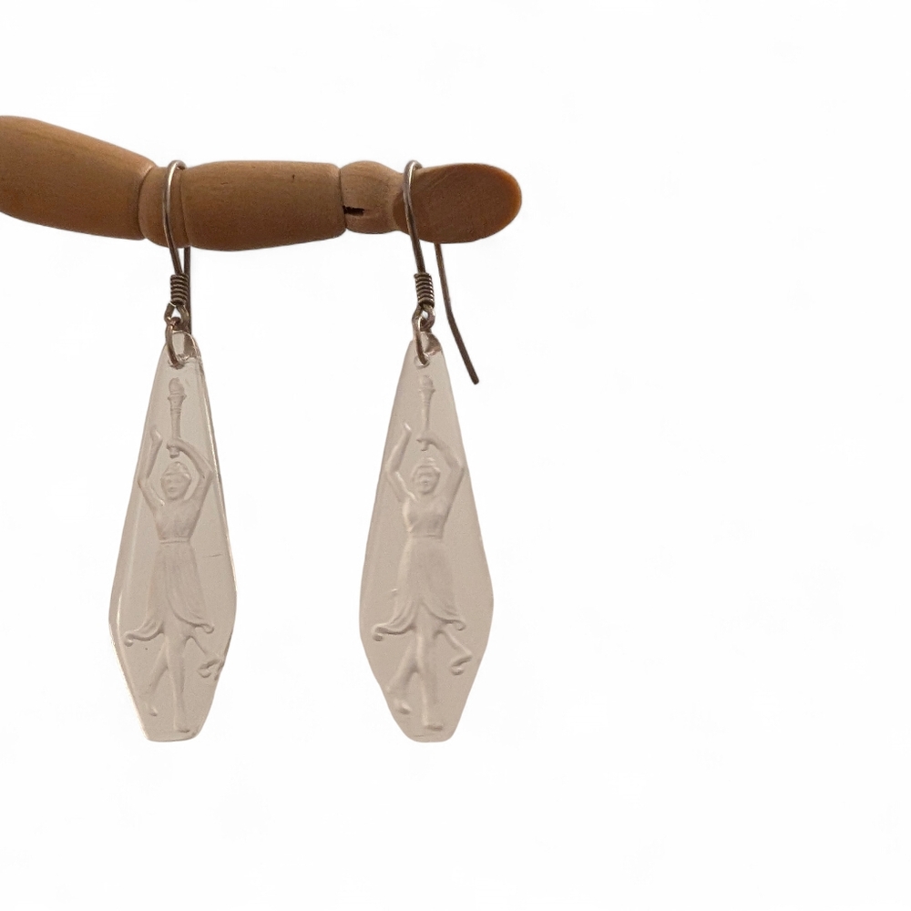 VINTAGE Earrings Isadora Duncan Czech Etched Glass Delicate Dangling - Picture 3 of 8
